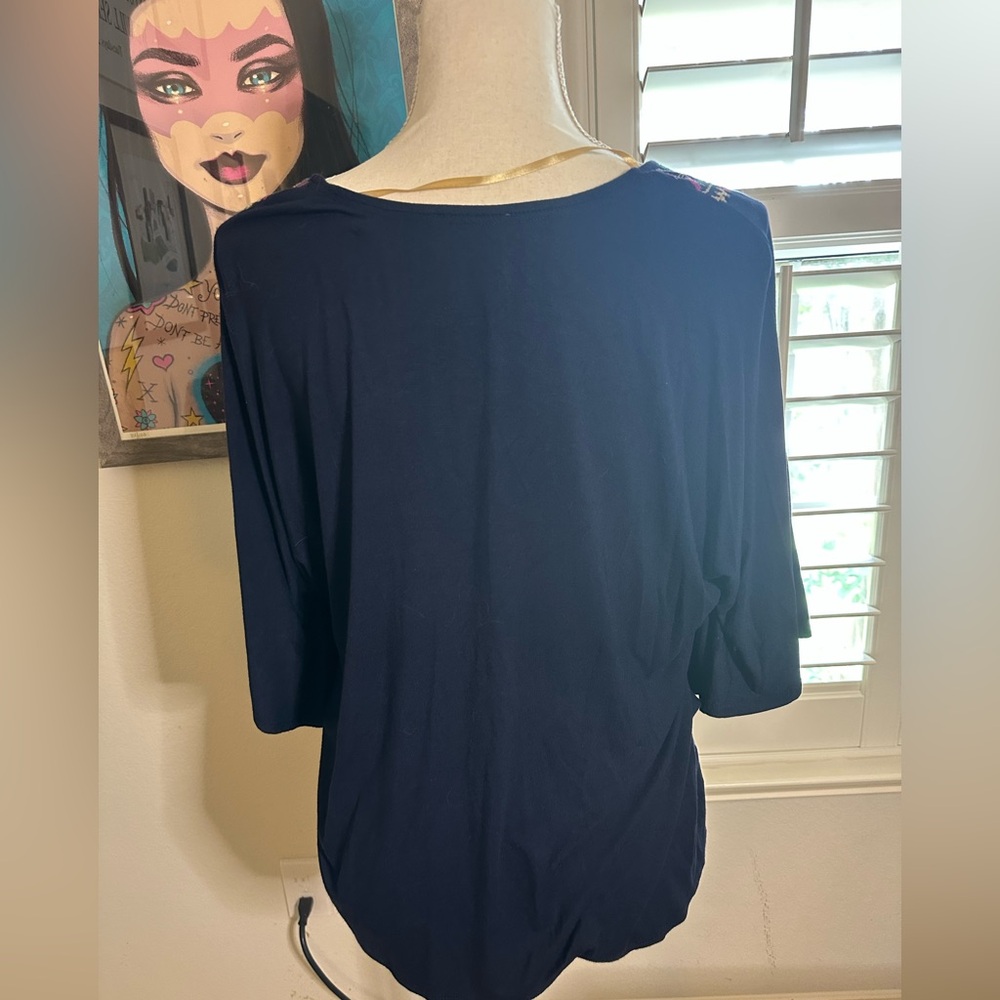 Democracy Navy Blue Embroidered Tie Front Dolman Sleeve Top L - Picture 7 of 9